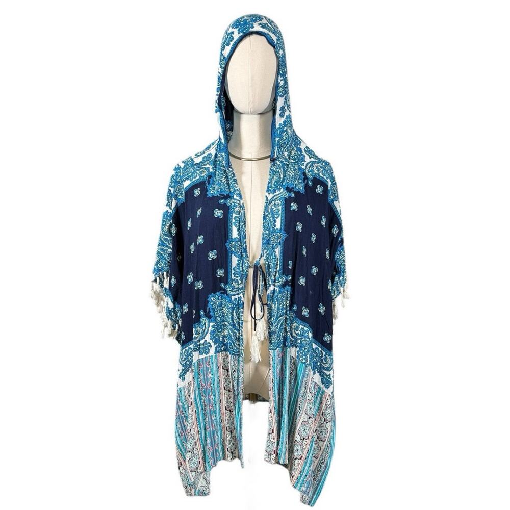 Umgee Blue Paisley Hooded Boho Kimono Tassel Cardigan S/M Whimsy fairycore